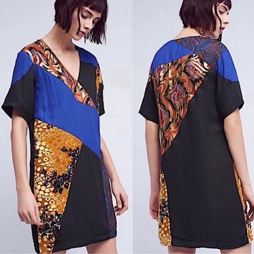 Boho Patchwork V-Neck Shift Dress in Black and Blue